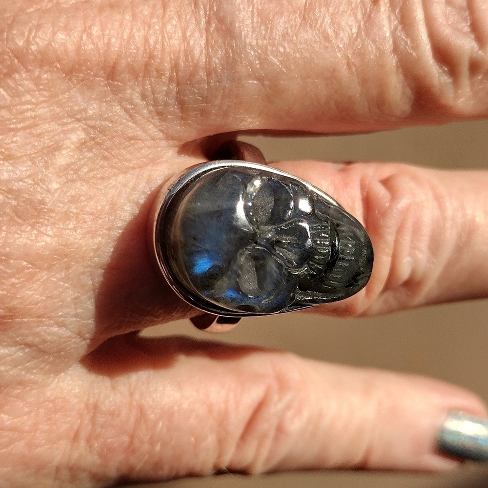 925 Labradorite Skull 💀 Ring size 7 1/2 adjustable - Picture 10 of 10
